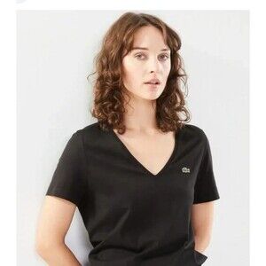 Lacoste Women’s M Black V-Neck Short Sleeve T-Shirt Alligator Logo